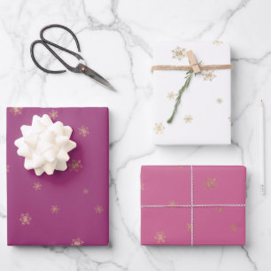 Pink Boysenberry Christmas Gold Snowflakes Wrapping Paper Sheets