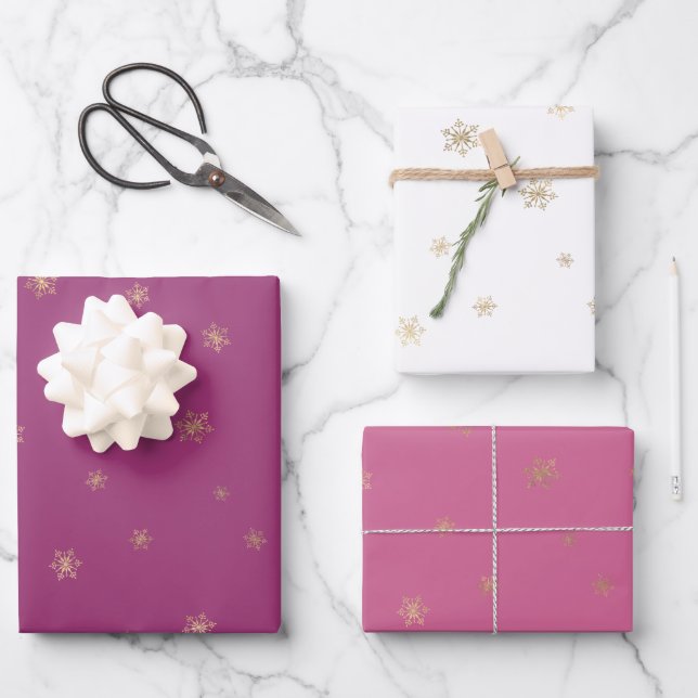 Pink Boysenberry Christmas Gold Snowflakes Wrapping Paper Sheets (Front)