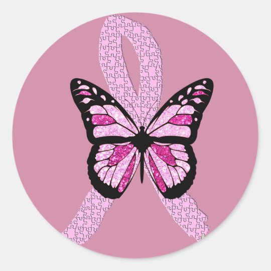 Pink Breast Cancer Awareness Butterfly Ribbon Classic Round Sticker 1787