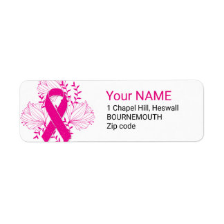 Pink Breast Cancer awareness ribbon flower outline Label