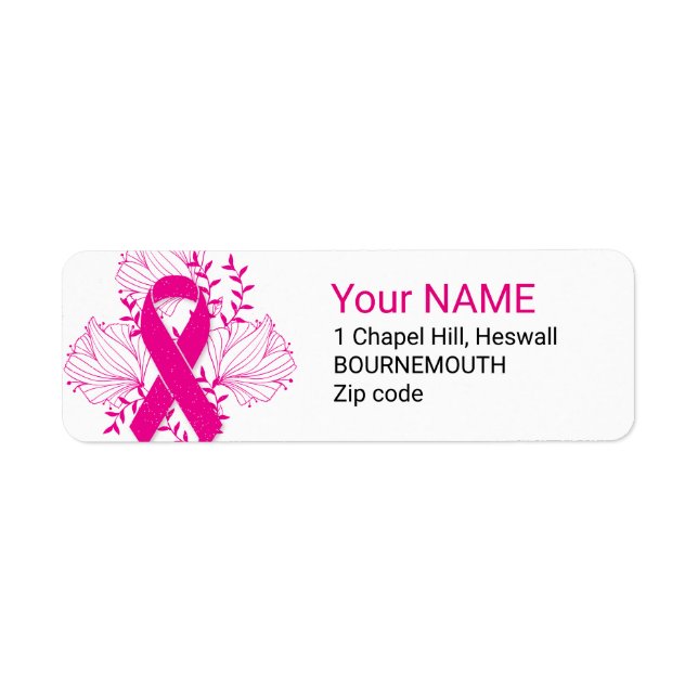 Pink Breast Cancer awareness ribbon flower outline Label (Front)