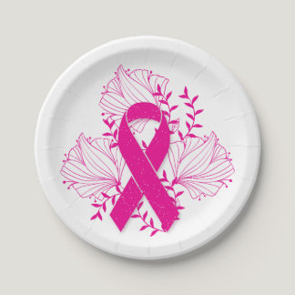 Pink Breast Cancer awareness ribbon flower outline Paper Plates