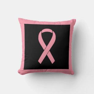 Pink Breast Cancer Awareness Ribbon on Black Throw Pillow
