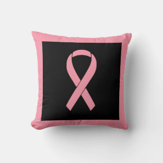 Pink Breast Cancer Awareness Ribbon on Black Throw Pillow