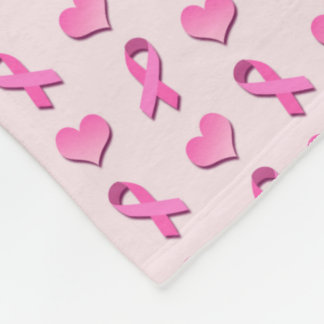 Pink Breast Cancer Ribbon and Hearts Fleece Blanket