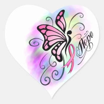 Pink Breast Cancer Ribbon Butterfly Watercolor Heart Sticker by FXtions at Zazzle