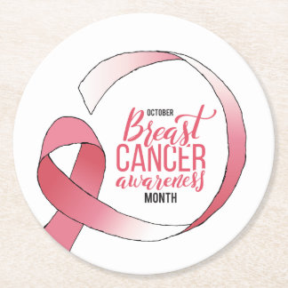 Pink Breast Cancer Ribbon Drawing BCA Month Round Paper Coaster