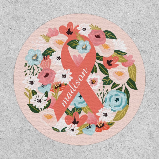 Pink Breast Cancer Ribbon & Florals Custom Name Patch (Front)