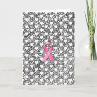 Pink Breast Cancer Ribbon Silver Glitter Look Card