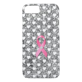 Pink Breast Cancer Ribbon Silver Glitter Look Iphone 8/7 Case by AnyTownArt at Zazzle