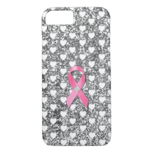 Pink Breast Cancer Ribbon Silver Glitter Look iPhone 87 Case