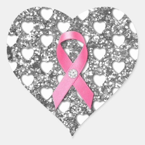 Pink Breast Cancer Ribbon Silver Glitter Look Heart Sticker