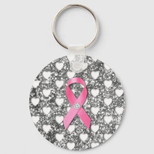 Pink Breast Cancer Ribbon Silver Glitter Look Keychain
