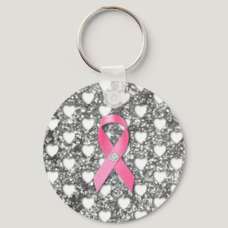 Pink Breast Cancer Ribbon Silver Glitter Look Keychain