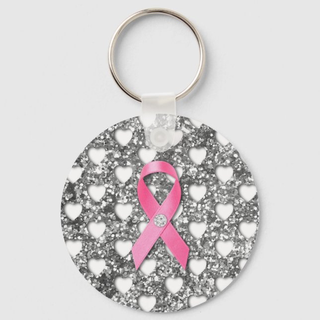 Pink Breast Cancer Ribbon Silver Glitter Look Keychain (Front)