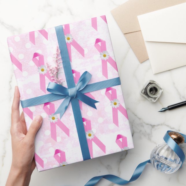 Pink Breast Cancer Survivor Ribbons and Daisies  Wrapping Paper (Gifting)