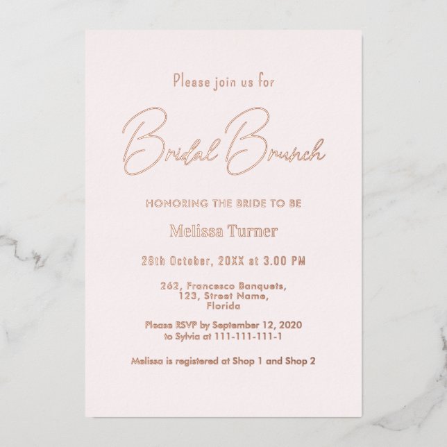 Pink Bridal Brunch Calligraphy Script  Foil Invitation (Front)