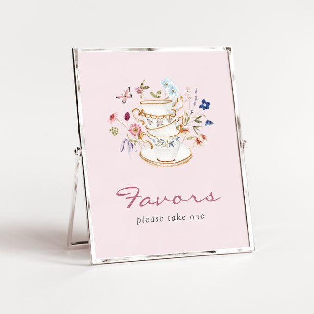 Pink Bridal Favors Poster (Pink Floral Bridal Favors Tea Cup Poster with Butterfly by Painted Paperie
)
