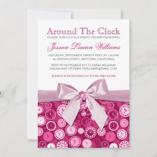 Pink Bridal Shower Around The Clock Theme Invites