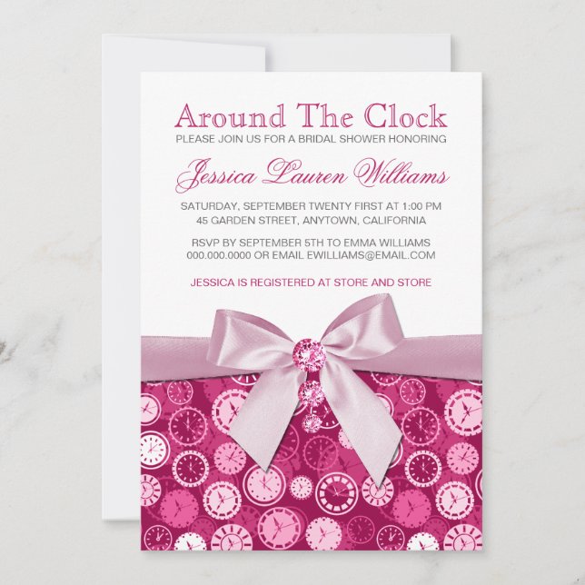Pink Bridal Shower Around The Clock Theme Invites (Front)
