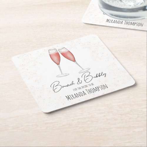 Pink Bridal Shower Brunch and Bubbly Watercolor Square Paper Coaster