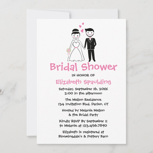 Pink Bridal Shower Cartoon Bride & Groom Wedding Invitation (Front)