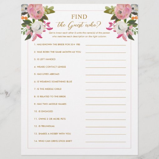 Pink Bridal Shower Game Find the Guest Who | Zazzle