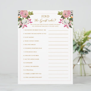 Pink Bridal Shower Game Find the Guest Who Game Invitation