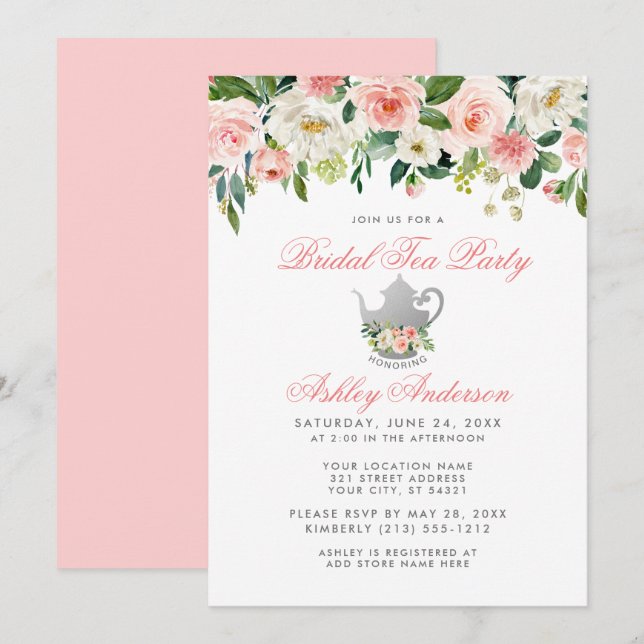 Pink Bridal Shower Tea Party Floral Silver Invite (Front/Back)