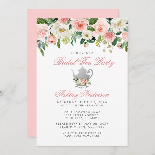 Pink Bridal Shower Tea Party Floral Silver Invite