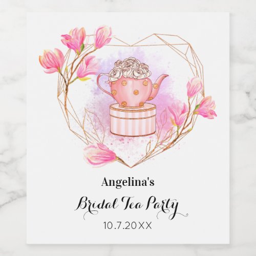 Pink Bridal Shower Tea Party Rose Gold Watercolor Wine Label