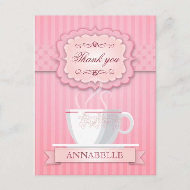 Pink Bridal Shower Tea Party Thank You Postcard (Front)