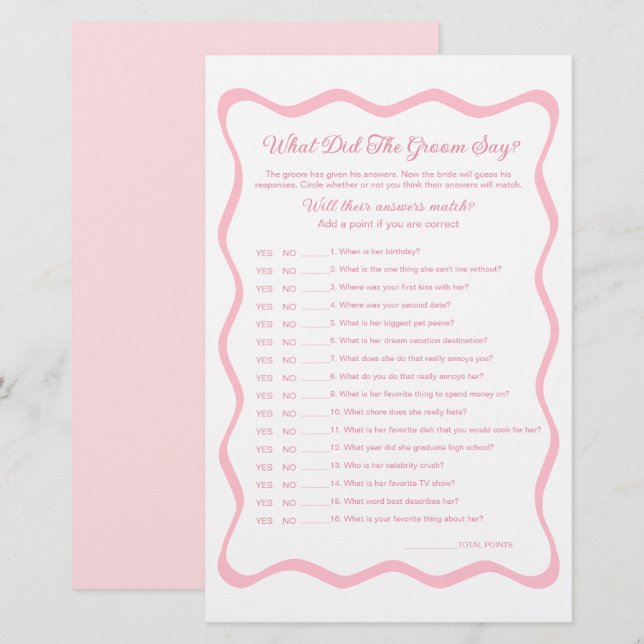 Pink Bridal Shower What Did the Groom Say Game (Front/Back)