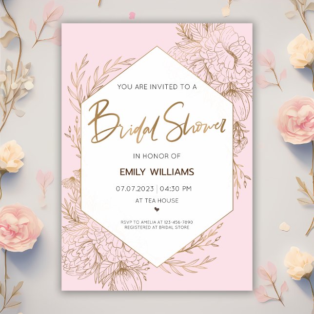 Pink Bridal Shower with Gold Flowers and Leaves  Invitation (Creator Uploaded)