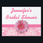 Pink Bridal Shower Yard Sign<br><div class="desc">Pretty pink and white bridal shower yard sign, with graphics of a damask pattern, on the bottom, a pink ribbon and lovely pink Gerber daisy, in the middle. Pink custom script text, at the top, is ready to personalize for your bridal event. Easy way for guests to spot your house....</div>