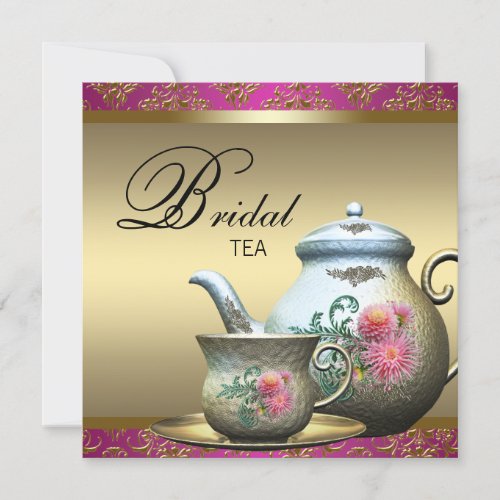 Hot Pink Gold Damask Tea Cup Bridal Shower Invites