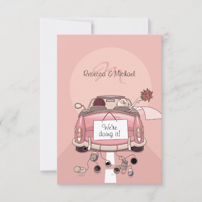 Pink Bride and Groom Getaway Car - RSVP Cards (Front)