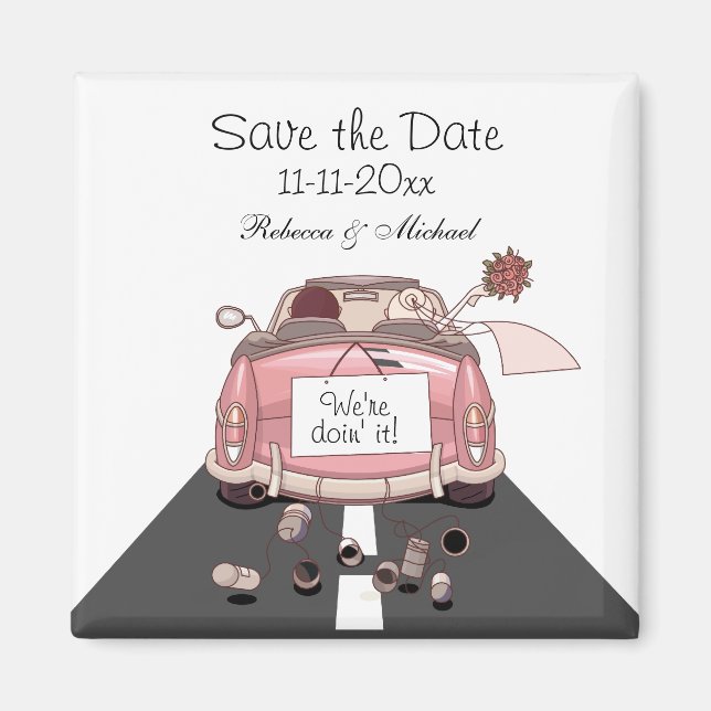 Pink Bride and Groom Getaway car "Save the Date" Magnet (Front)