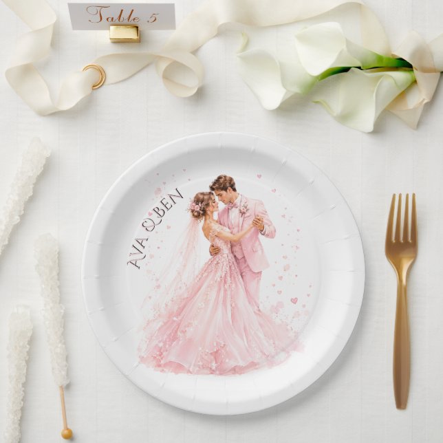 Pink Bride & Groom Dancing Wedding Paper Plates (Wedding)