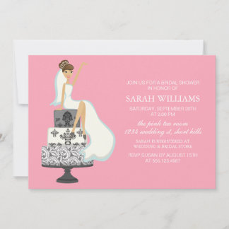 Pink Bride on Wedding Cake Invitation