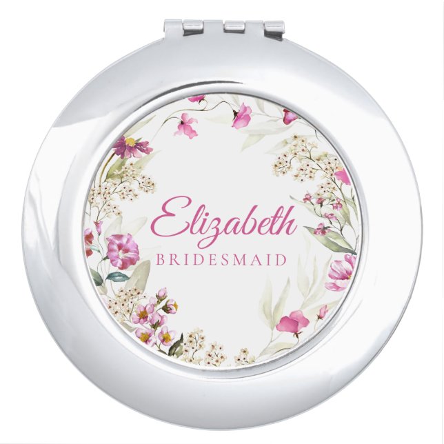 Pink Bridesmaid Floral Compact Mirror (Front)