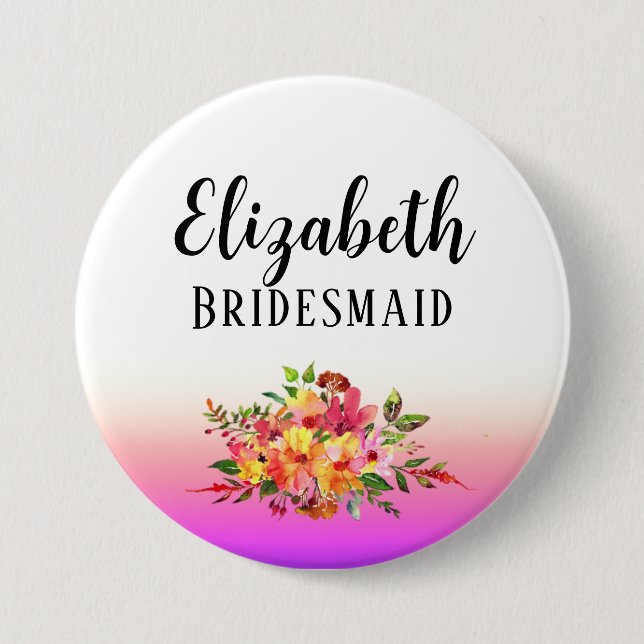 Pink Bridesmaid | Modern Floral Personalized Button (Front)