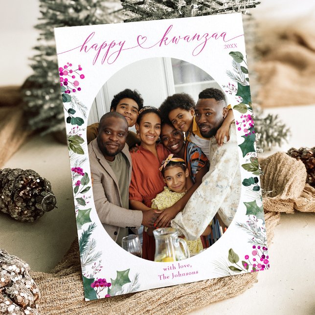 Pink & Bright Family Photo Happy Kwanzaa Card (Creator Uploaded)