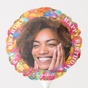 Pink Bright Floral Disco Ball Happy Birthday Photo Balloon