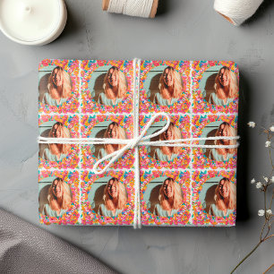 Pink Bright Floral Disco Ball Happy Birthday Photo Wrapping Paper