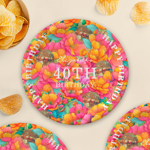 Pink Bright Floral Gold Disco Ball Happy Birthday Paper Plates