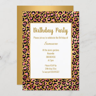 PINK BRIGHT LEOPARD GOLD ALL OCCASION BIRTHDAY INVITATION