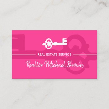 Pink Bright Vintage Key Real Estate Business Card by PineLemonMarketing at Zazzle