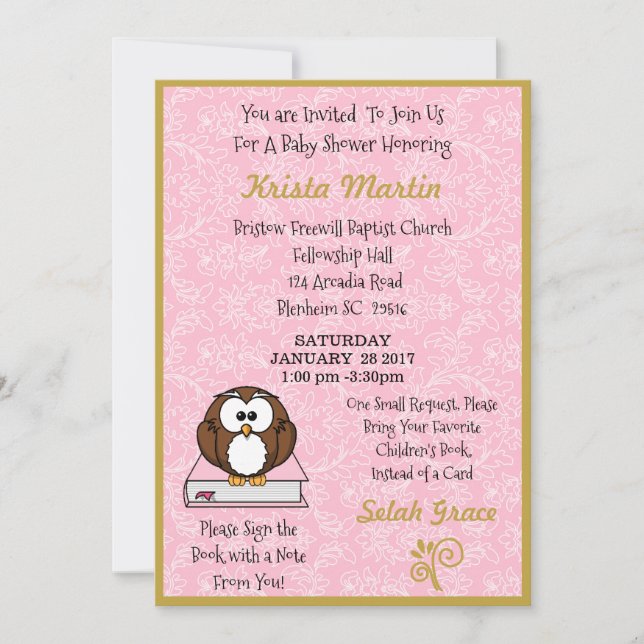 Pink Bring a Book Baby Shower Invitation (Front)