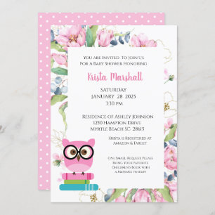 Pink Bring Book Owl Floral Baby Shower Invitation